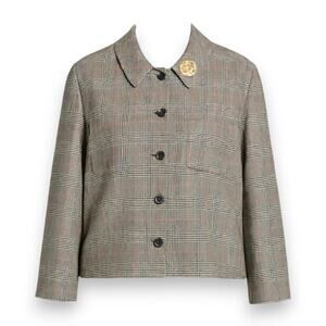 90s Vintage Tan Black Houndstooth Plaid Retro Brooch Wool Blazer Jacket Size 16